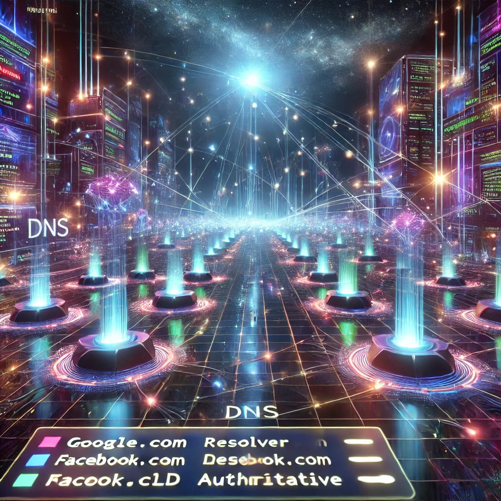 A futuristic depiction of the Domain Name System (DNS) as a glowing, interconnected network of nodes with neon lights, representing domain names and IP addresses, against a cosmic background.