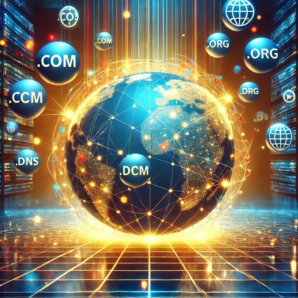 A glowing digital globe connected by vibrant lines representing domain names and DNS, surrounded by orbiting domain extensions like .com, .org, and .crypto, symbolizing the interconnectedness of websites globally in a futuristic design.