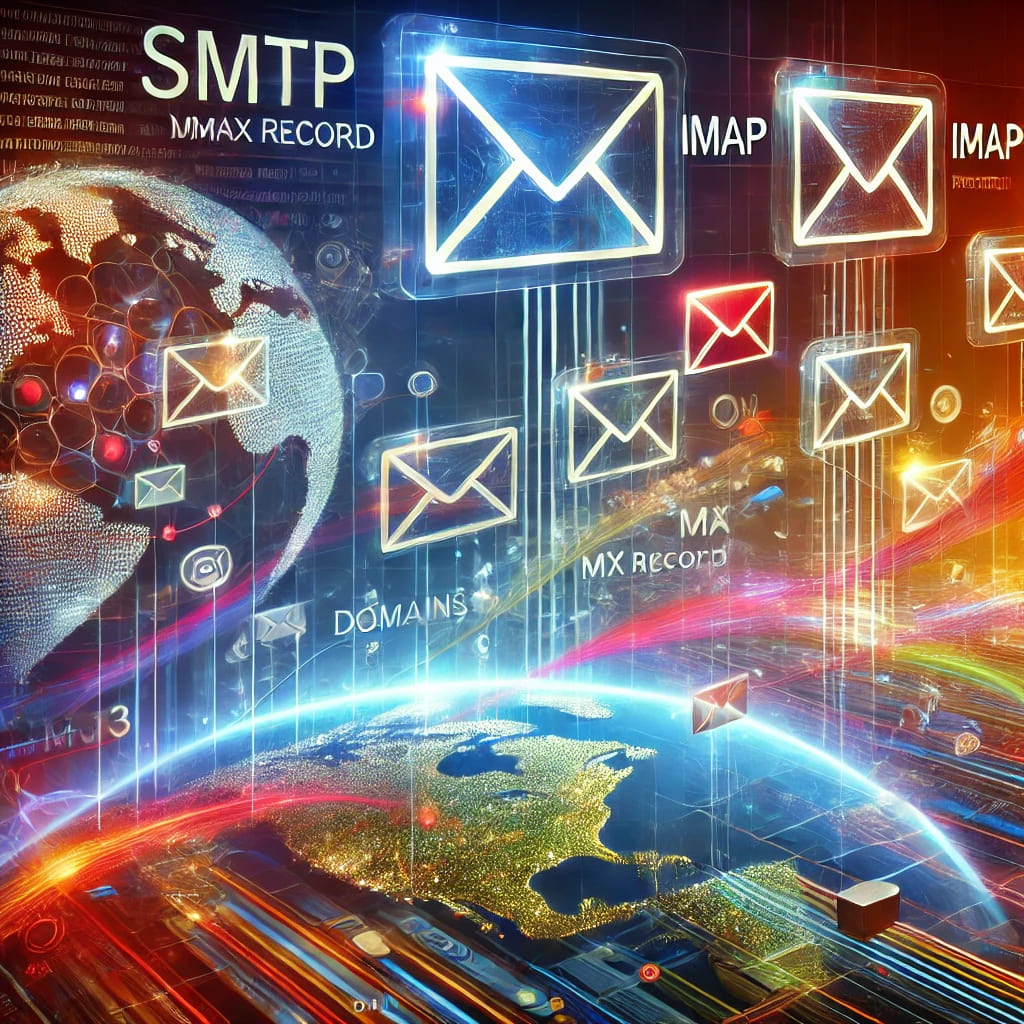 A vibrant and futuristic depiction of how email works, featuring envelopes flying across a glowing global network, holographic layers representing SMTP, IMAP, and POP3 protocols, and interconnected domain names with dynamic, colorful data lines.