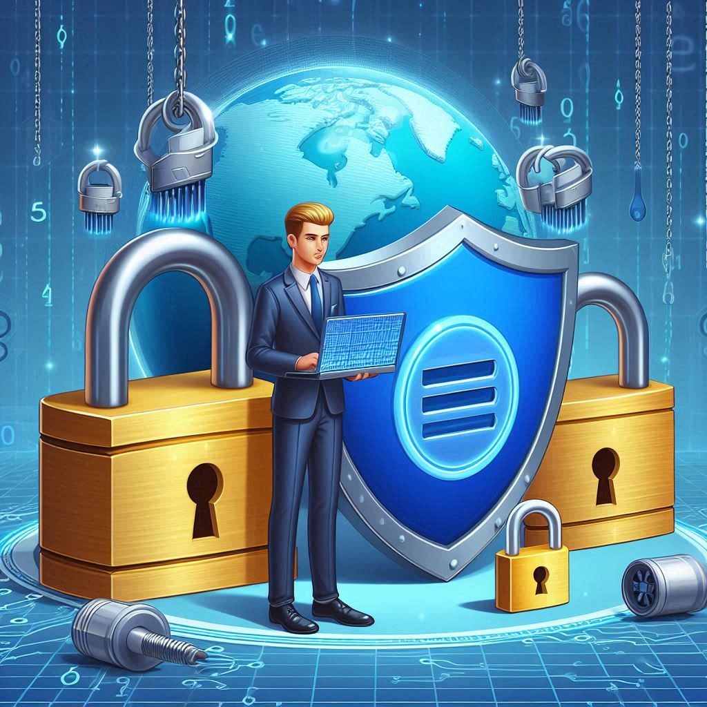 A realistic illustration of the SSL encryption process with a padlock symbolizing security, a web browser represented as a postal worker, and a web server as a recipient.