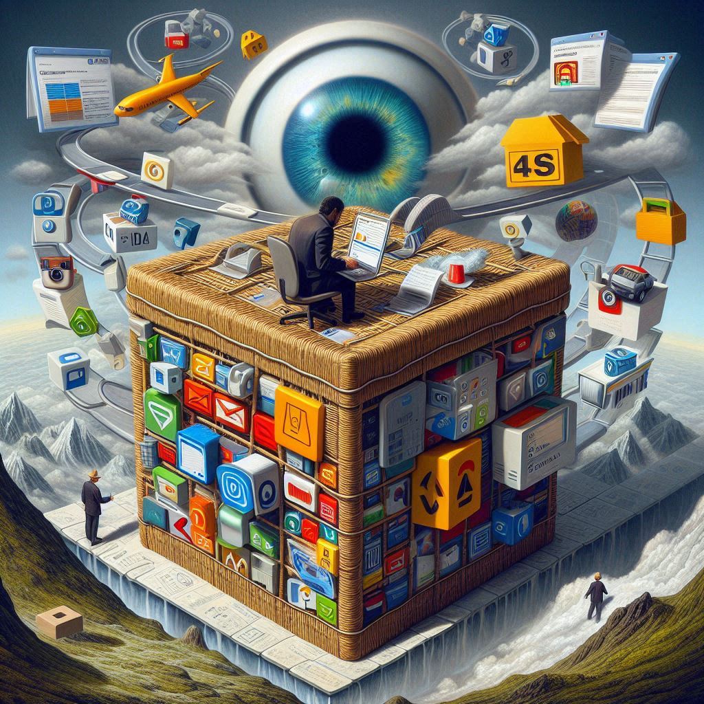 A surreal, colorful depiction of a single person creating one million websites in a day, featuring abstract representations of wildcard subdomains, SSL, and htaccess.