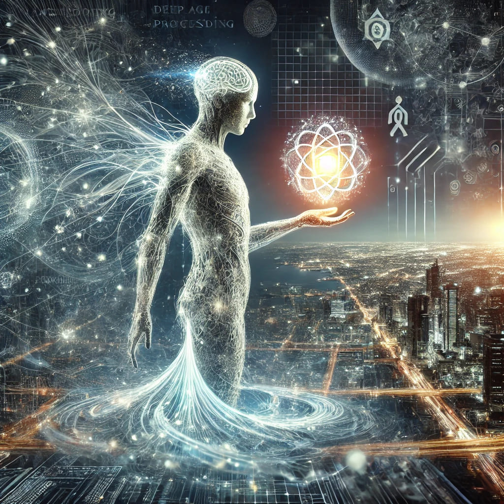 A surreal humanoid figure made of interconnected neural networks and glowing lines, symbolizing AI, holds a glowing orb. The futuristic cityscape background features data streams and robotic elements.