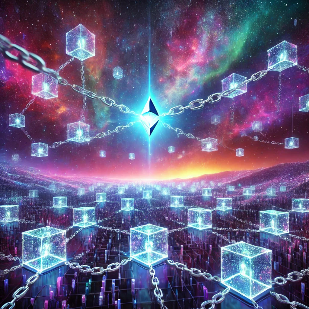 A surreal digital landscape with glowing neon blue and purple chains connecting floating transparent cubes filled with encrypted data, symbolizing blockchain technology. A bright decentralized light at the center represents security and transparency, with a cosmic sky full of colorful auroras in the background.