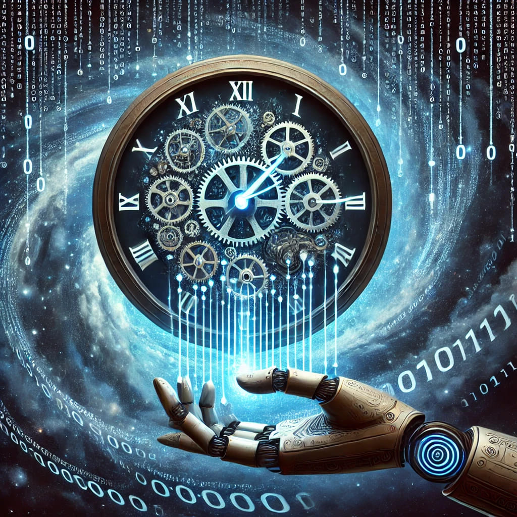 A surreal depiction of cronjobs featuring a futuristic clock with glowing gears floating in a cosmic space filled with digital code streams. A robotic hand adjusts the gears, symbolizing human control over automation.