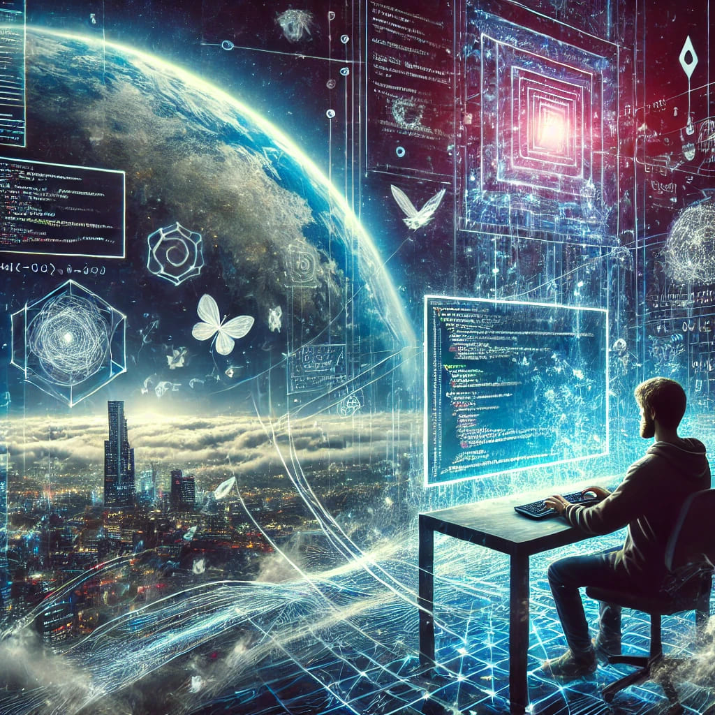 A surreal illustration of a software developer at a futuristic workstation, surrounded by floating code, holographic interfaces, and neon-lit data streams in a cosmic cybernetic cityscape.