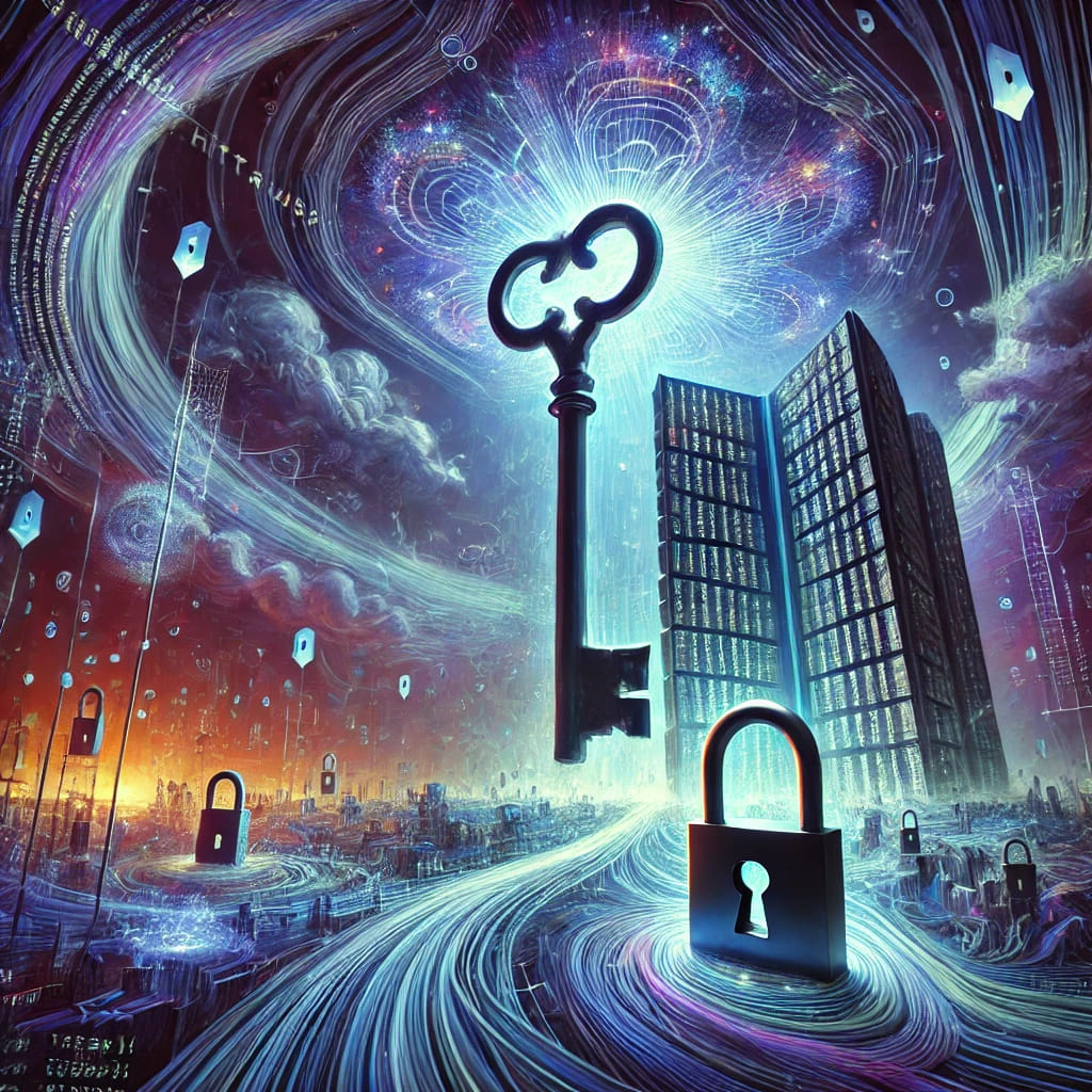 A surreal depiction of .htaccess, with a giant key unlocking a glowing web around a server tower, surrounded by data streams, locks, and code fragments in the air.