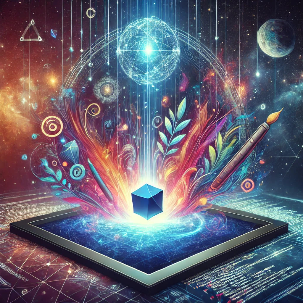 A surreal digital canvas floating in cosmic space, emitting vibrant colors, geometric shapes, and abstract elements, symbolizing creativity and digital artistry.