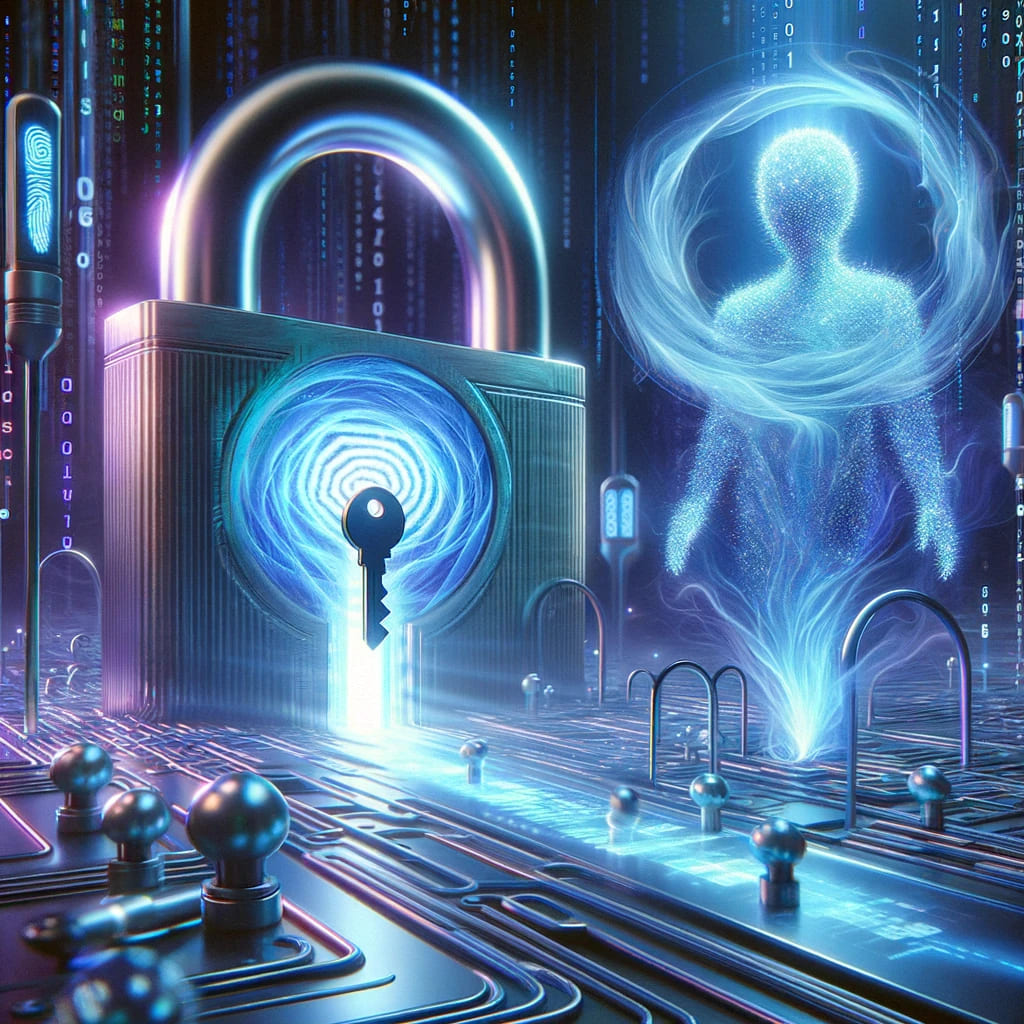 A surreal digital painting of a futuristic login system with a glowing key, translucent padlock, and a humanoid figure made of pixelated light.