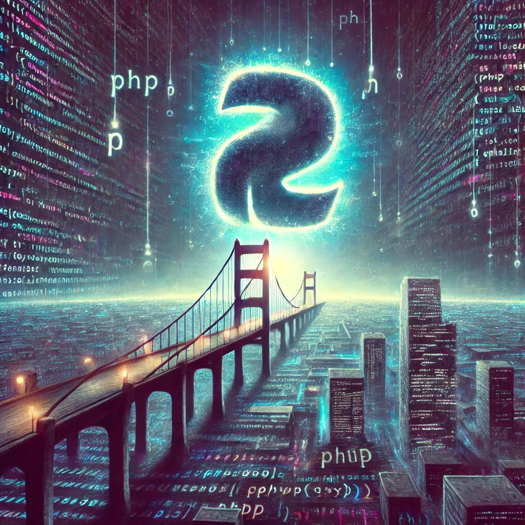 A surreal digital landscape featuring a glowing PHP logo floating above a futuristic city of programming code, illuminated by blue and purple neon lights.