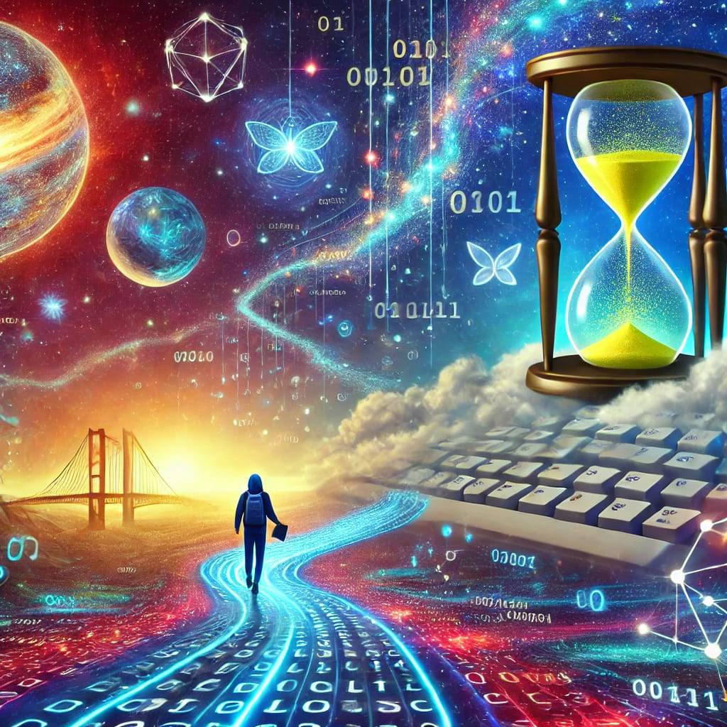 A surreal, colorful illustration depicting the journey of becoming a software engineer, featuring glowing code snippets, a futuristic keyboard, and a cosmic digital path symbolizing progress and consistency.