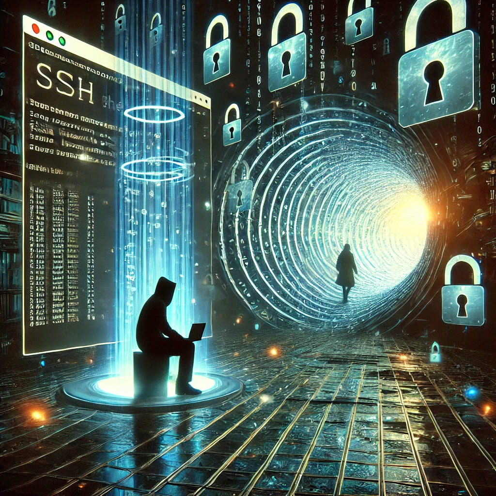 A surreal digital representation of SSH, featuring a glowing tunnel of encrypted code, a hacker's shadow outside the security shield, and a floating terminal screen displaying an SSH connection.