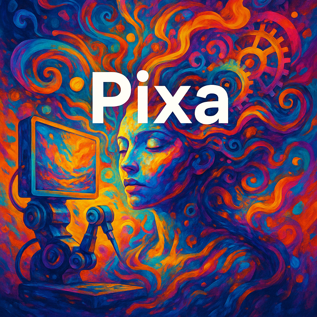 Surreal and colorful digital artwork representing AI image generation, with the word 'Pixa' floating above a futuristic face surrounded by abstract forms.